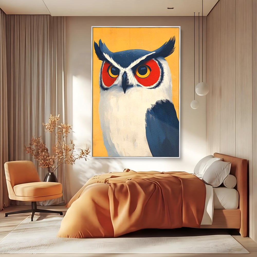 Tablou canvas cu tablou canvas cu bufnita stilizata, in rama de aluminiu argintiu, pe perete intr-un dormitor